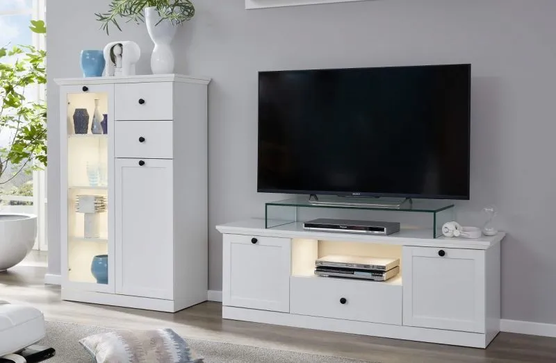 Wohnwand Baxter | weiß | Landhausstil | 2-teilig | LED Beleuchtung 1
