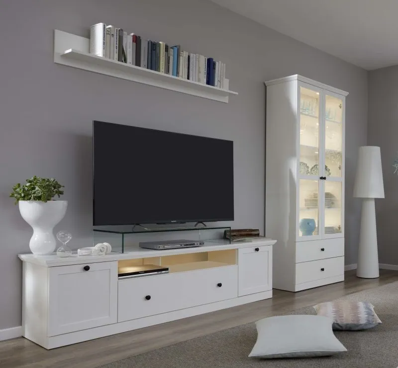 Wohnwand Baxter | weiß | Landhausstil | 3-teilig | LED Beleuchtung 2