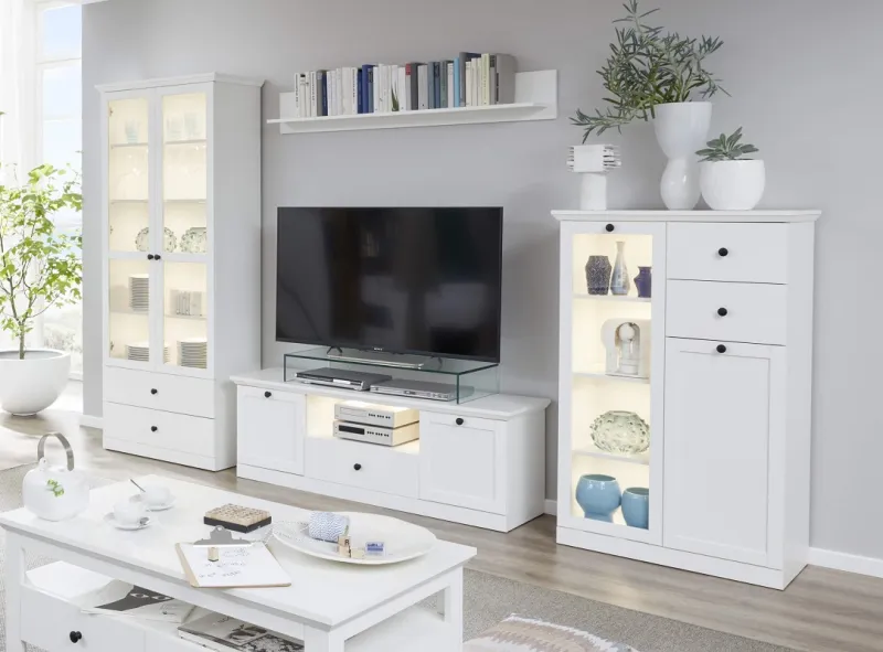 Wohnwand Baxter | weiß | Landhausstil | 4-teilig | LED Beleuchtung