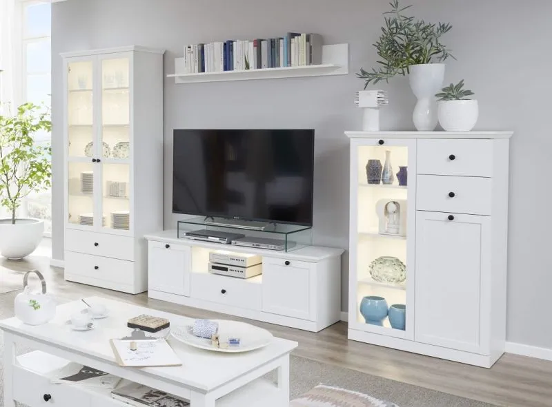 Wohnwand Baxter | weiß | Landhausstil | 4-teilig | LED Beleuchtung 4