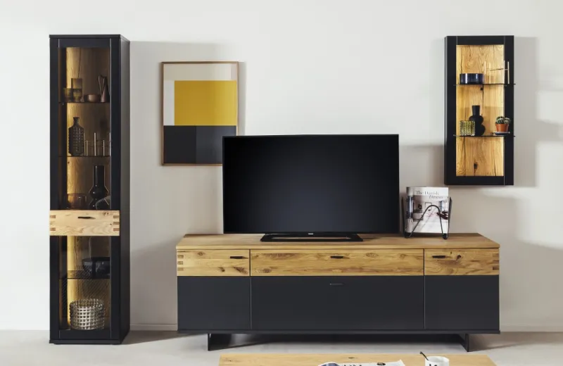 Wohnwand Cesena 2 | Wildeiche / schwarzgrau | 3-teilig | LED Beleuchtung