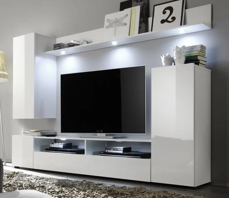 Wohnwand Dos, 4-teilig, im Wohnzimmer, mit integrierter LED-Beleuchtung, offenen Fächern und geschlossenen Schubkästen