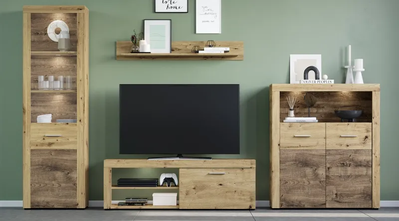 Wohnwand Fly | Artisan Eiche | 4-teilig | LED Beleuchtung Vitrine ohne Beleuchtung TV-Lowboard ohne Beleuchtung Highboard mit 2er Set LED Unterbausspots