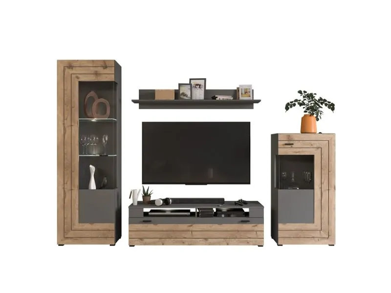 Wohnwand Freno | grau matt / Nox Oak | 4-teilig | LED Beleuchtung 3