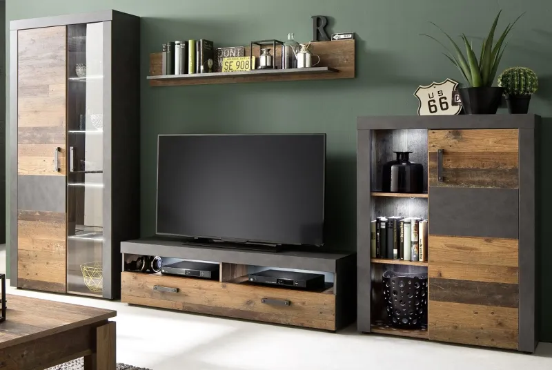 Wohnwand Indy | Old Used Wood / Matera grau | 4-teilig | Shabby Look | LED Beleuchtung