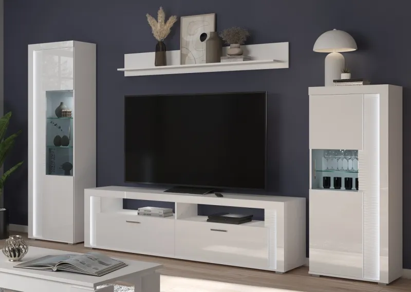 Wohnwand Wohnkombination 1 Skylight | weiß Hochglanz | 4-teilig | LED Beleuchtung