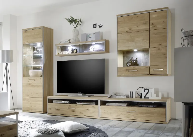 Wohnwand Wohnkombination 2 Espero | Asteiche Bianco | 5-teilig | LED Beleuchtung