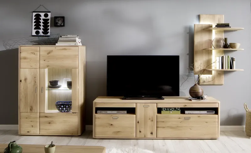 Wohnwand Wohnkombination Ravello 2 | Balkeneiche Bianco | 3-teilig | LED Beleuchtung
