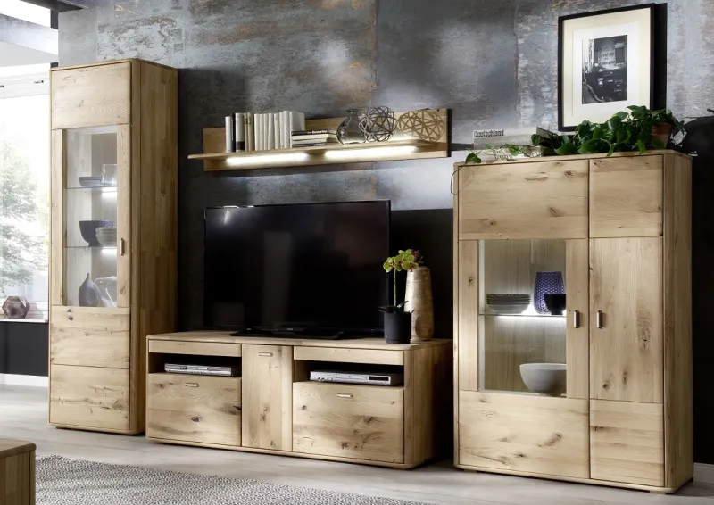 Wohnwand Wohnkombination Ravello | Balkeneiche Bianco | 4-teilig | LED Beleuchtung Vitrine+Highboard mit 3er Set LED Rückwandbeleuchtung Wandboard ohne Beleuchtung