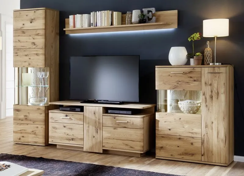 Wohnwand Wohnkombination Santori | Eiche Bianco | 4-teilig | LED Beleuchtung