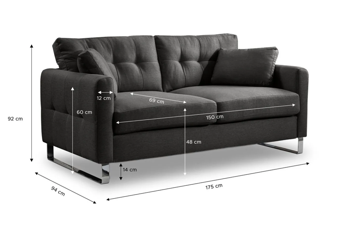 2-Sitzer Polstersofa Hera | 175cm | Flachgewebe | grau