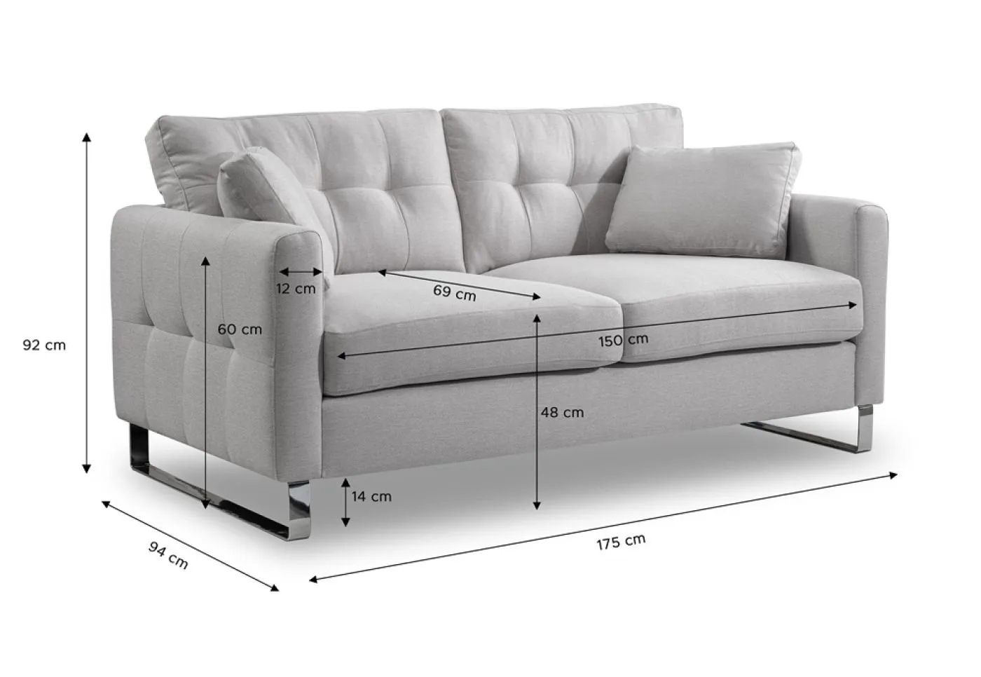 2-Sitzer Polstersofa Hera | 175cm | Flachgewebe | hellgrau
