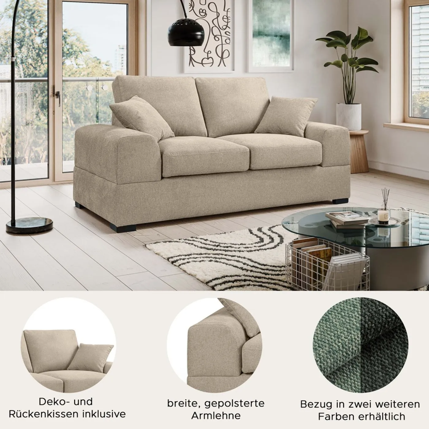 2-Sitzer Polstersofa Veda | 182cm | Strukturstoff | beige