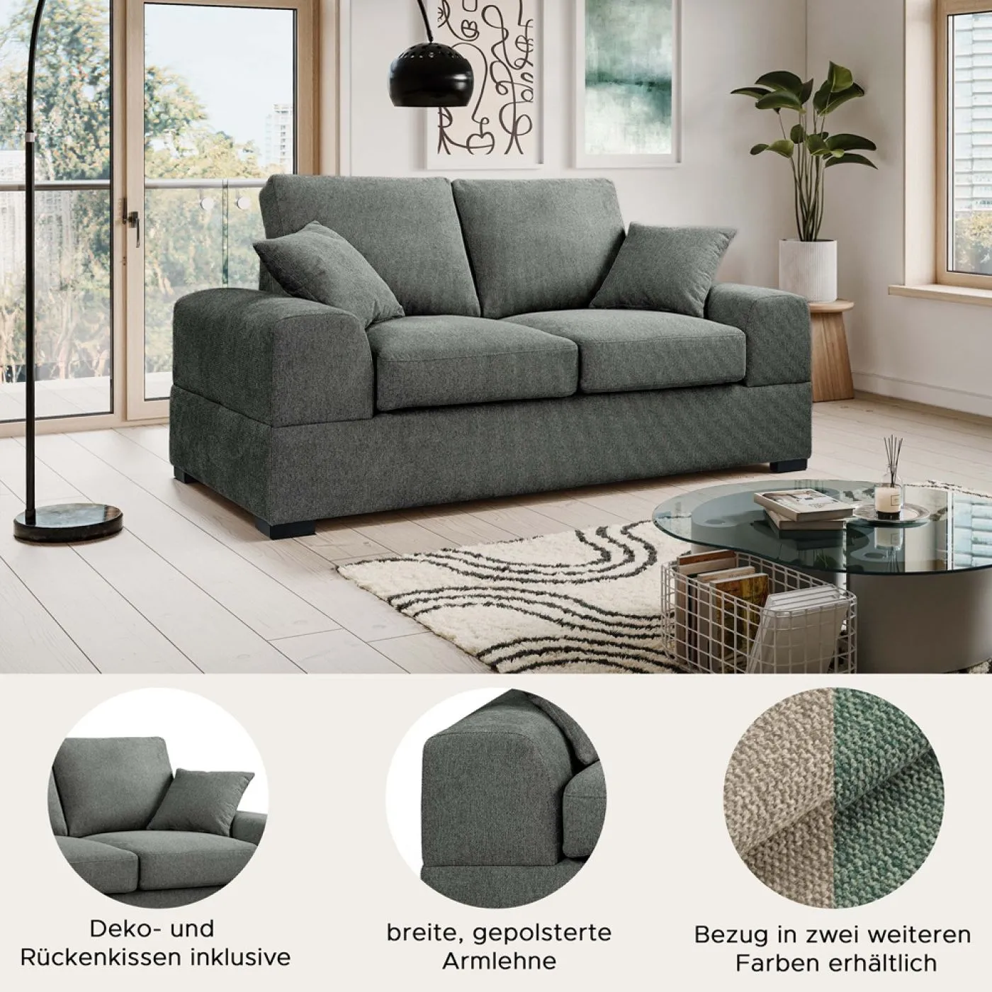 2-Sitzer Polstersofa Veda | 182cm | Strukturstoff | grau