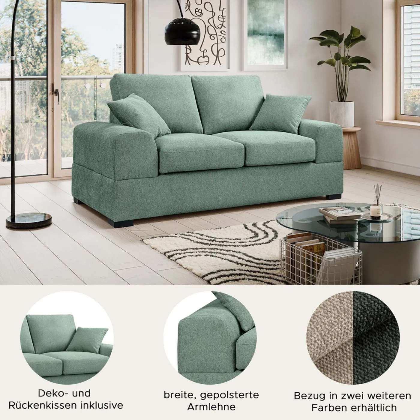 2-Sitzer Polstersofa Veda | 182cm | Strukturstoff | petrol