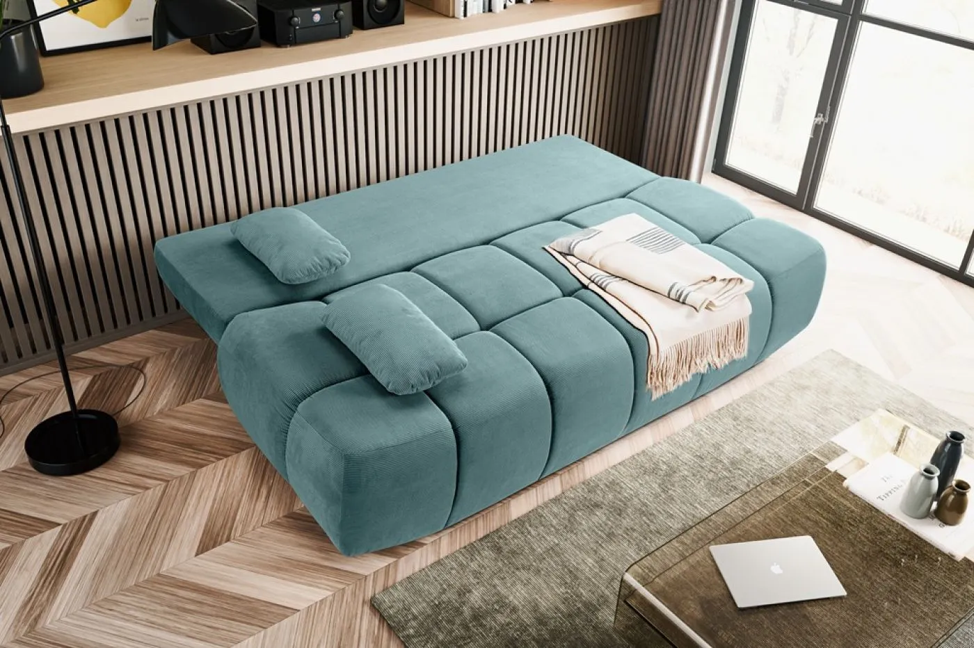 2-Sitzer Schlafsofa Lauder mit Bettkasten | 207cm | Cord | mint-blau