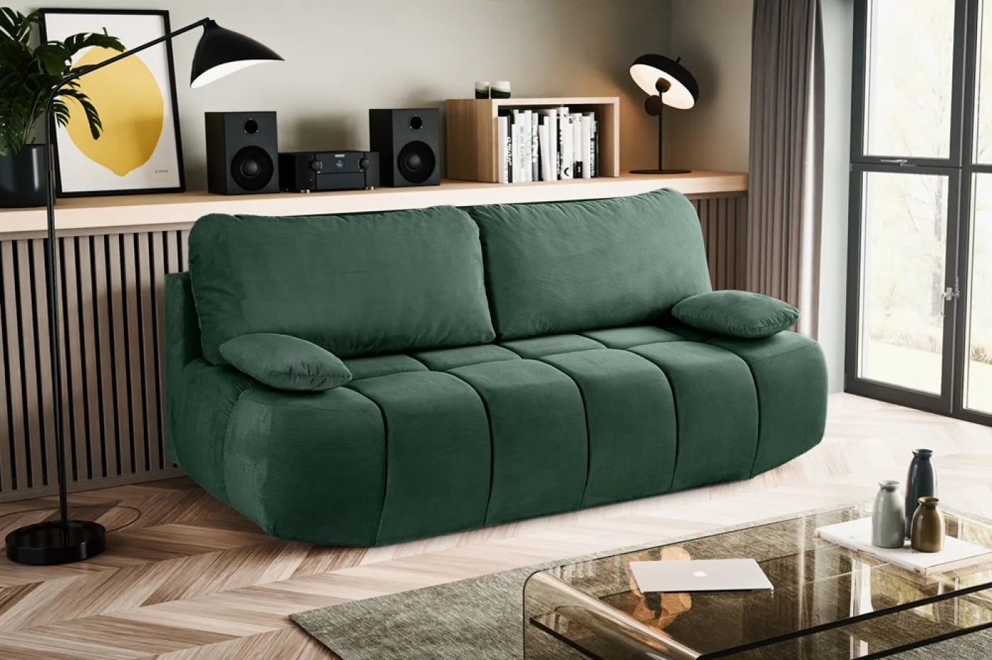 2-Sitzer Schlafsofa Lauder mit Bettkasten | 207cm | Cord | smaragdgrün