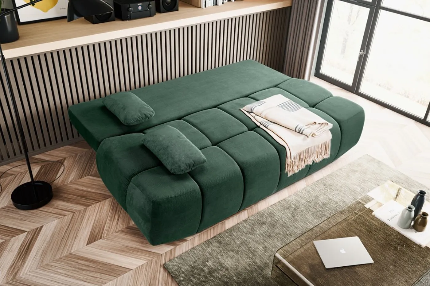 2-Sitzer Schlafsofa Lauder mit Bettkasten | 207cm | Cord | smaragdgrün
