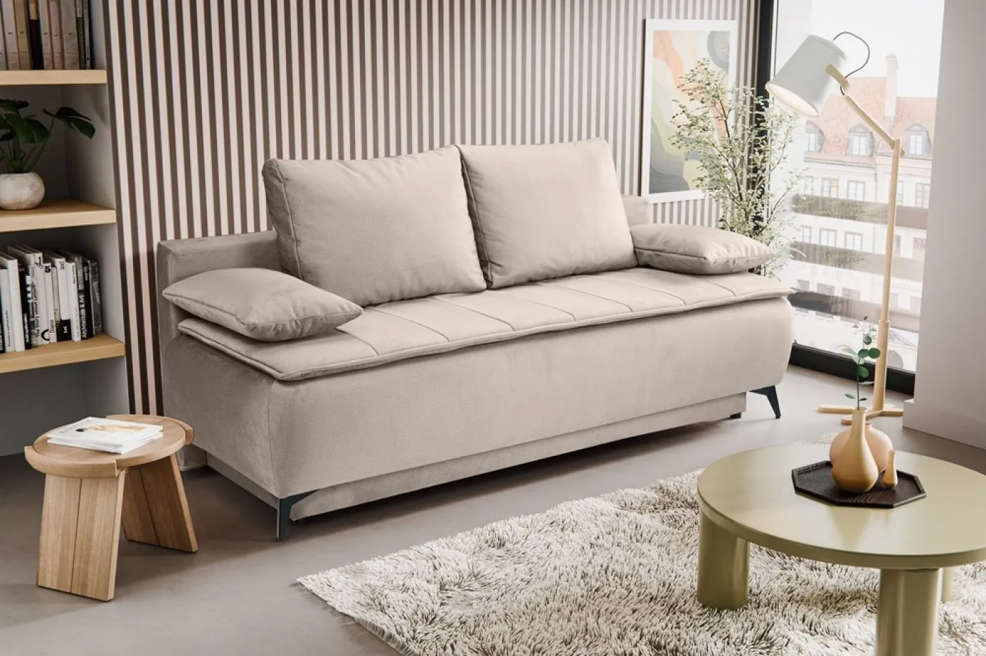 2-Sitzer Schlafsofa Sendi mit Bettkasten | 210cm | Velourstoff | beige