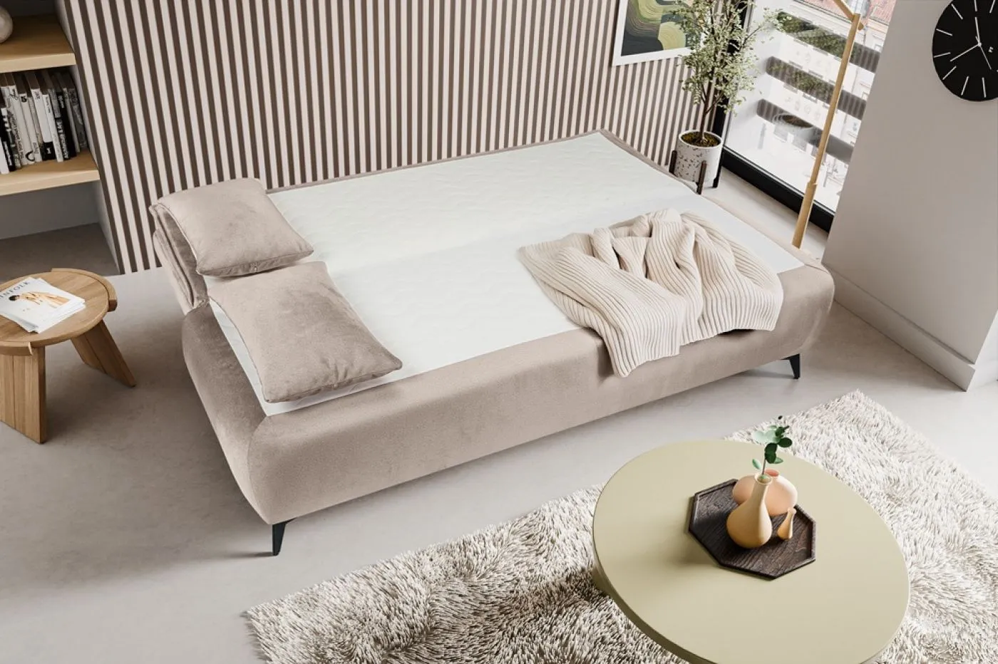 2-Sitzer Schlafsofa Sendi mit Bettkasten | 210cm | Velourstoff | beige