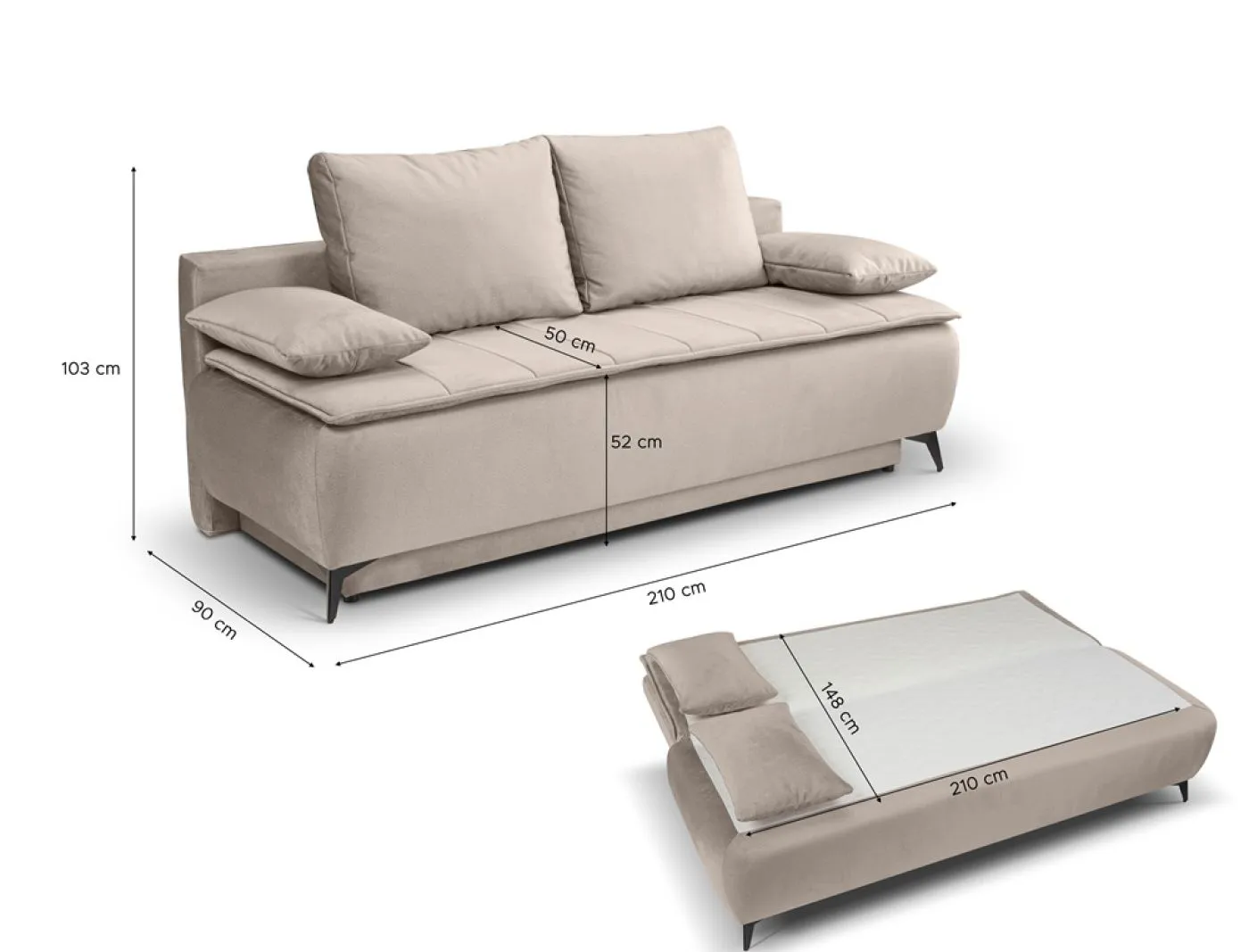 2-Sitzer Schlafsofa Sendi mit Bettkasten | 210cm | Velourstoff | beige