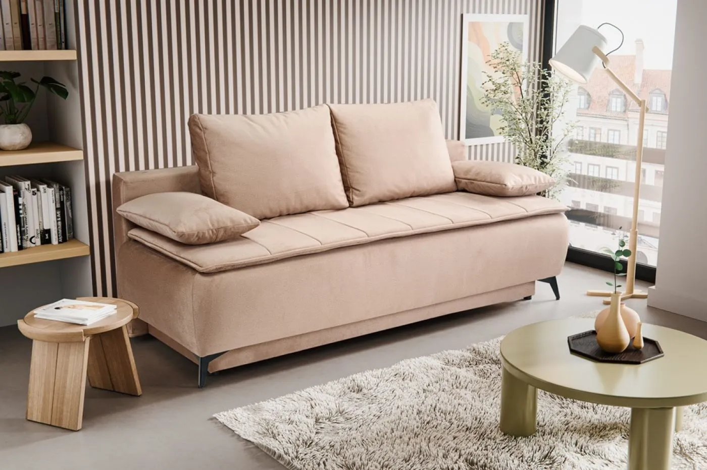 2-Sitzer Schlafsofa Sendi mit Bettkasten | 210cm | Velourstoff | braun-beige