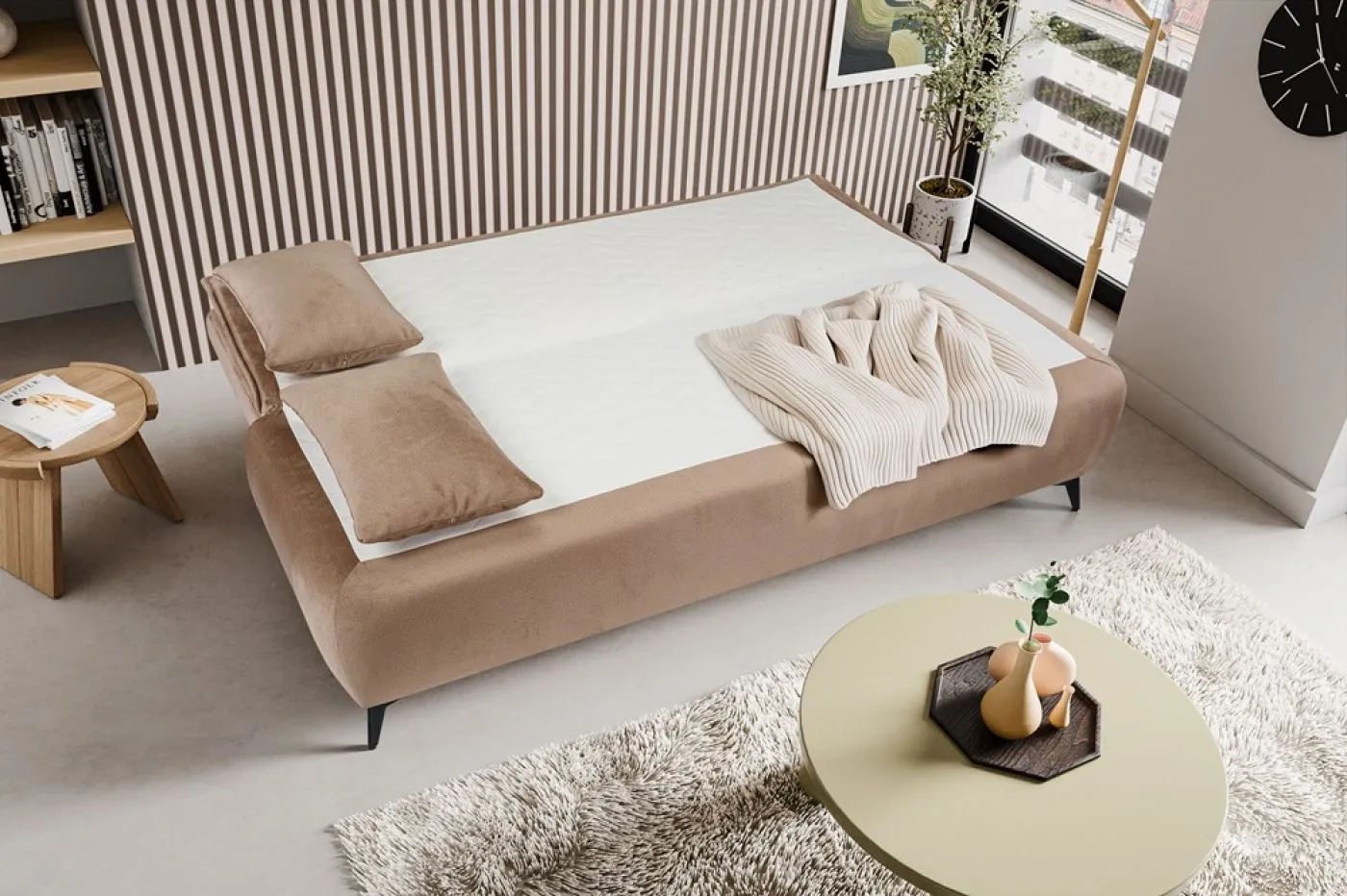 2-Sitzer Schlafsofa Sendi mit Bettkasten | 210cm | Velourstoff | braun-beige