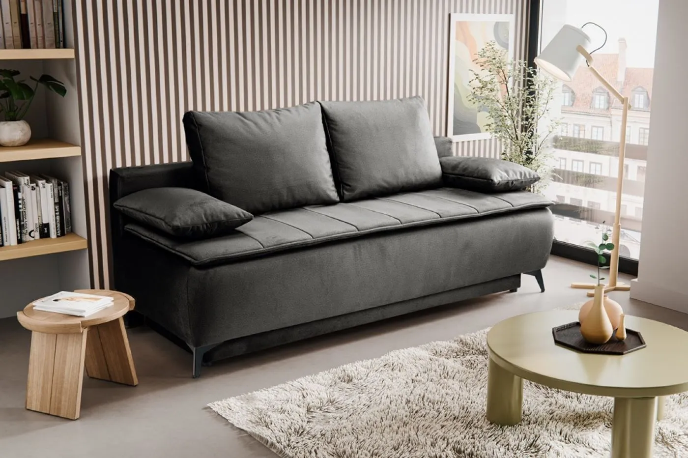 2-Sitzer Schlafsofa Sendi mit Bettkasten | 210cm | Velourstoff | grau-beige