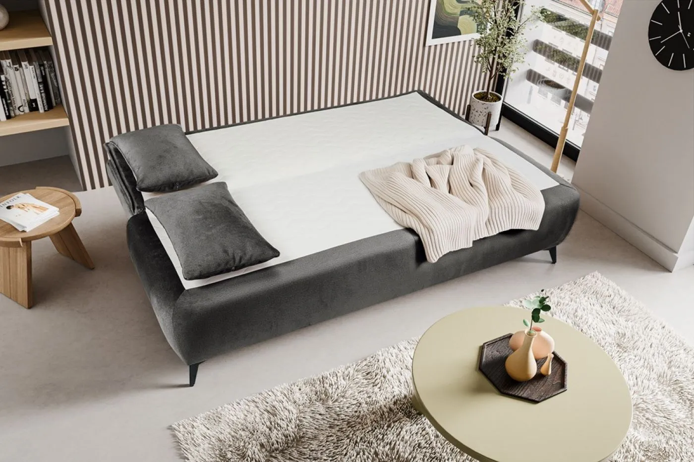 2-Sitzer Schlafsofa Sendi mit Bettkasten | 210cm | Velourstoff | grau-beige