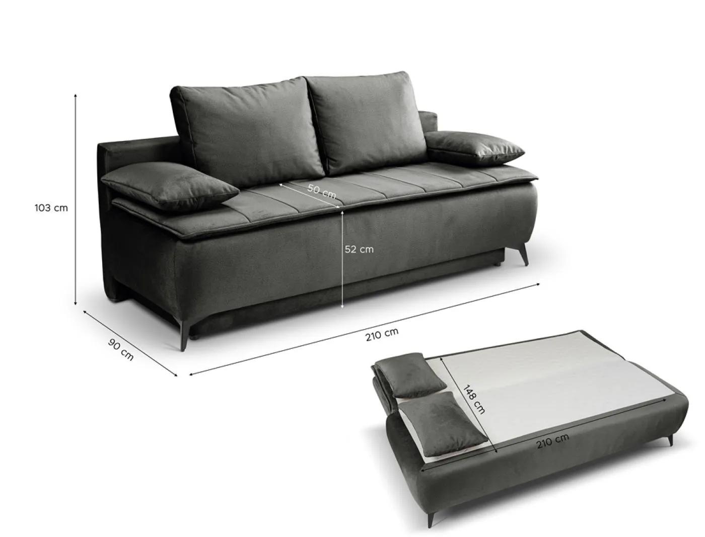2-Sitzer Schlafsofa Sendi mit Bettkasten | 210cm | Velourstoff | grau-beige