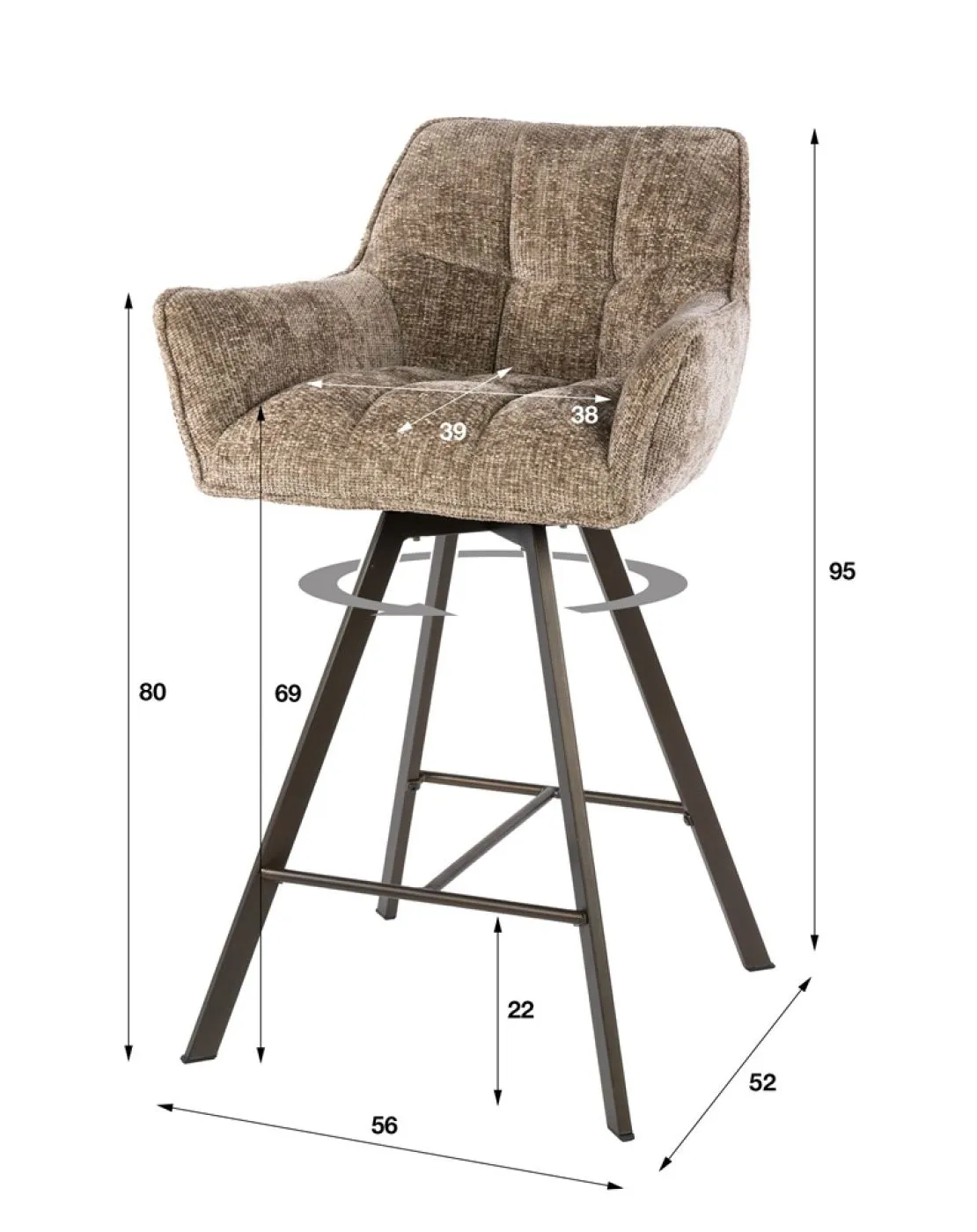 2er Set Barstuhl Toik | drehbar | Hoven Stoff / Chenille | champagne-braun