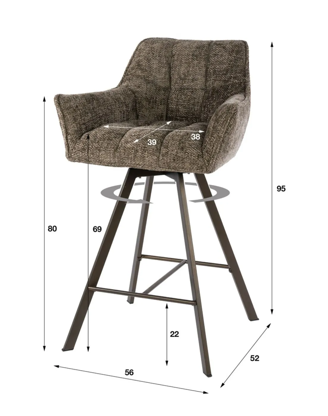 2er Set Barstuhl Toik | drehbar | Hoven Stoff / Chenille | taupe-braun