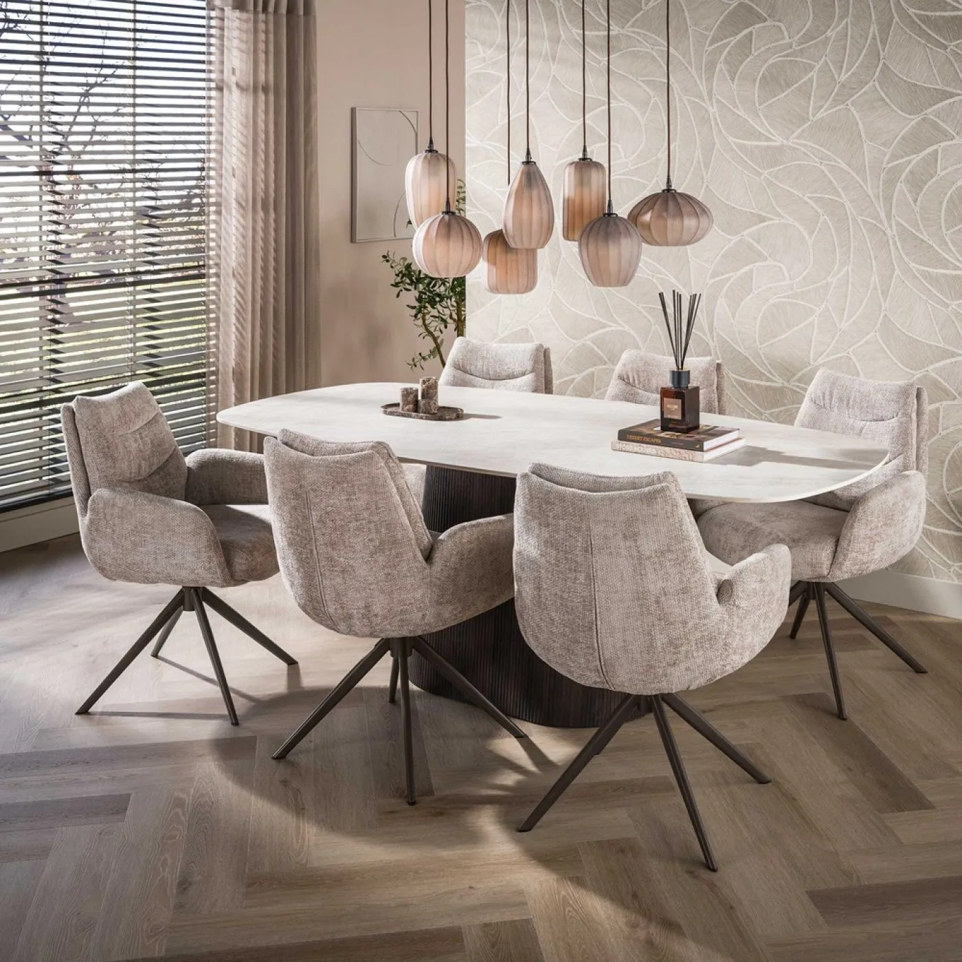 2er Set Stuhl Chavi | mit Armlehnen | drehbar | Hoven-Stoff | sand - braun