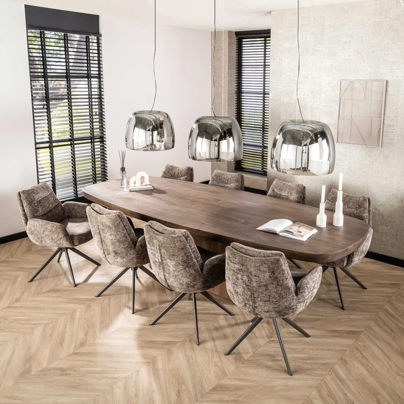 2er Set Stuhl Chavi | mit Armlehnen | drehbar | Hoven-Stoff | taupe-braun