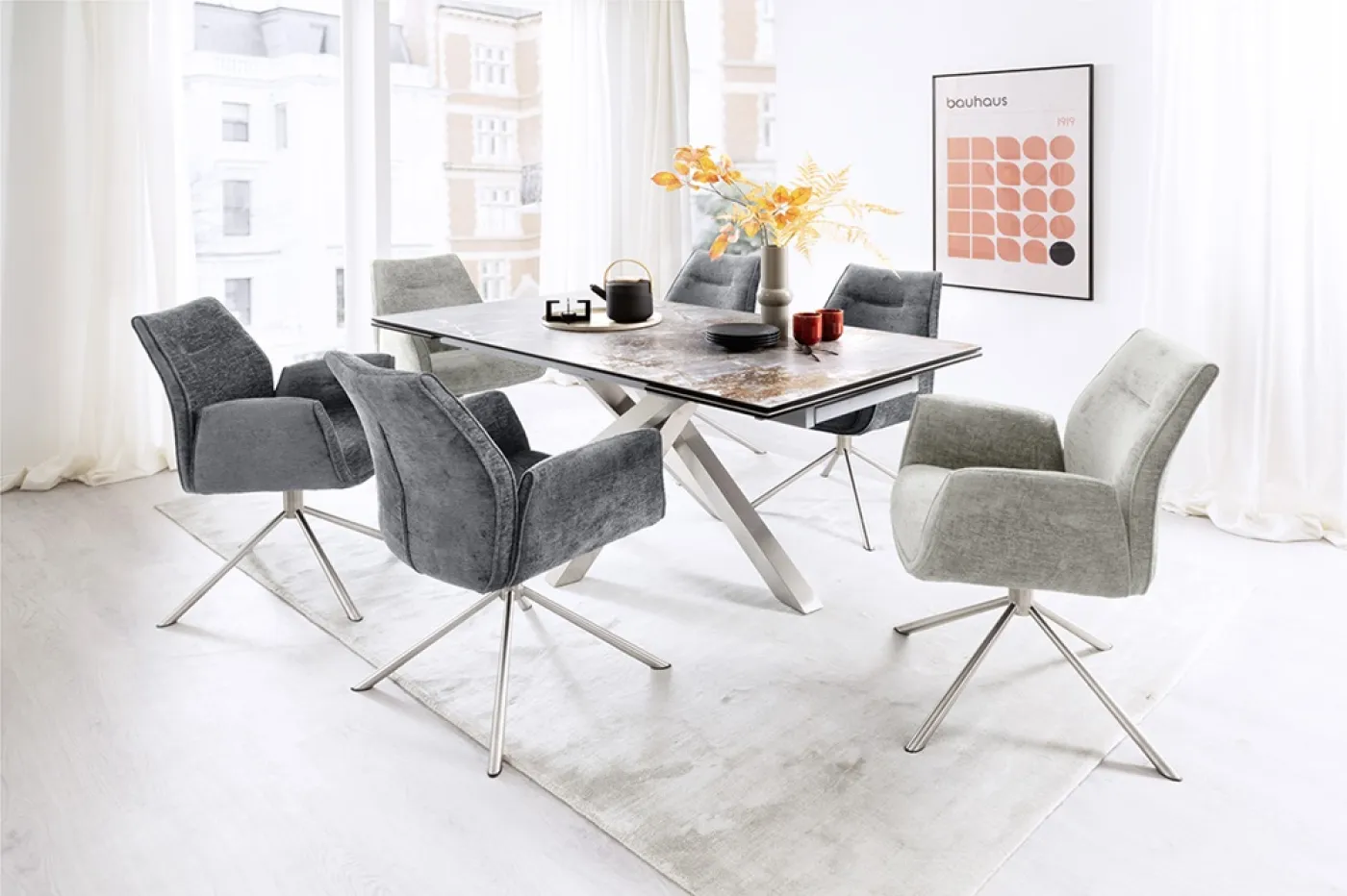 2er Set Stuhl Diveria mit Armlehnen | Edelstahl | drehbar | taupe / sandfarben