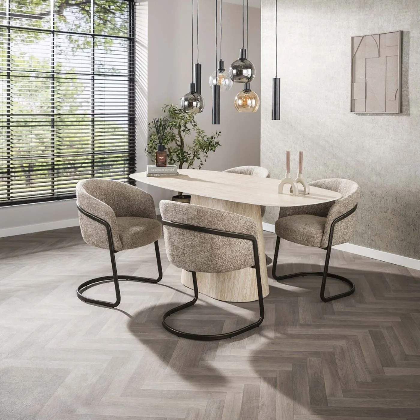 2er Set Stuhl Harmony | mit Schwinger-Gestell | Hoven-Stoff / Chenillegewebe | sand