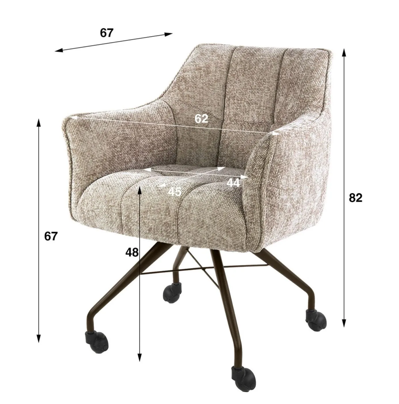 2er Set Stuhl Toik mit Armlehnen | auf Rollen | Hoven-Stoff / Chenillegewebe | sand-braun