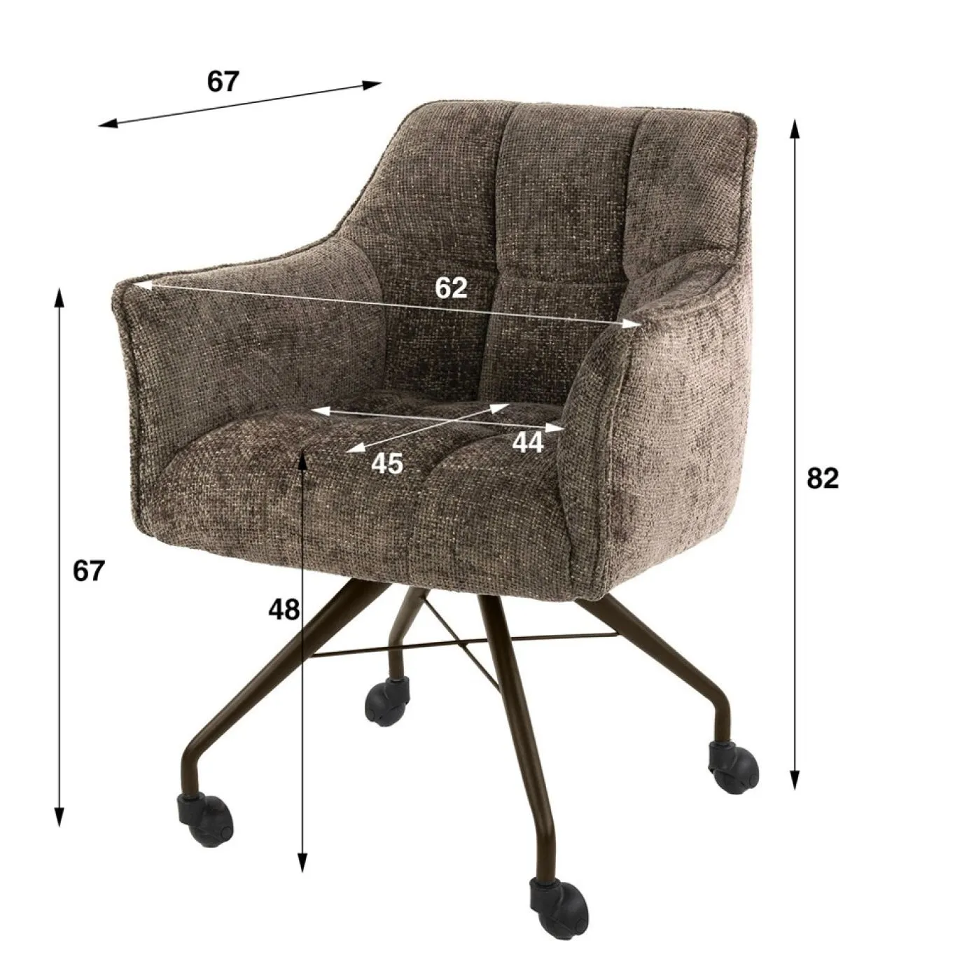 2er Set Stuhl Toik mit Armlehnen | auf Rollen | Hoven-Stoff / Chenillegewebe | taupe-braun