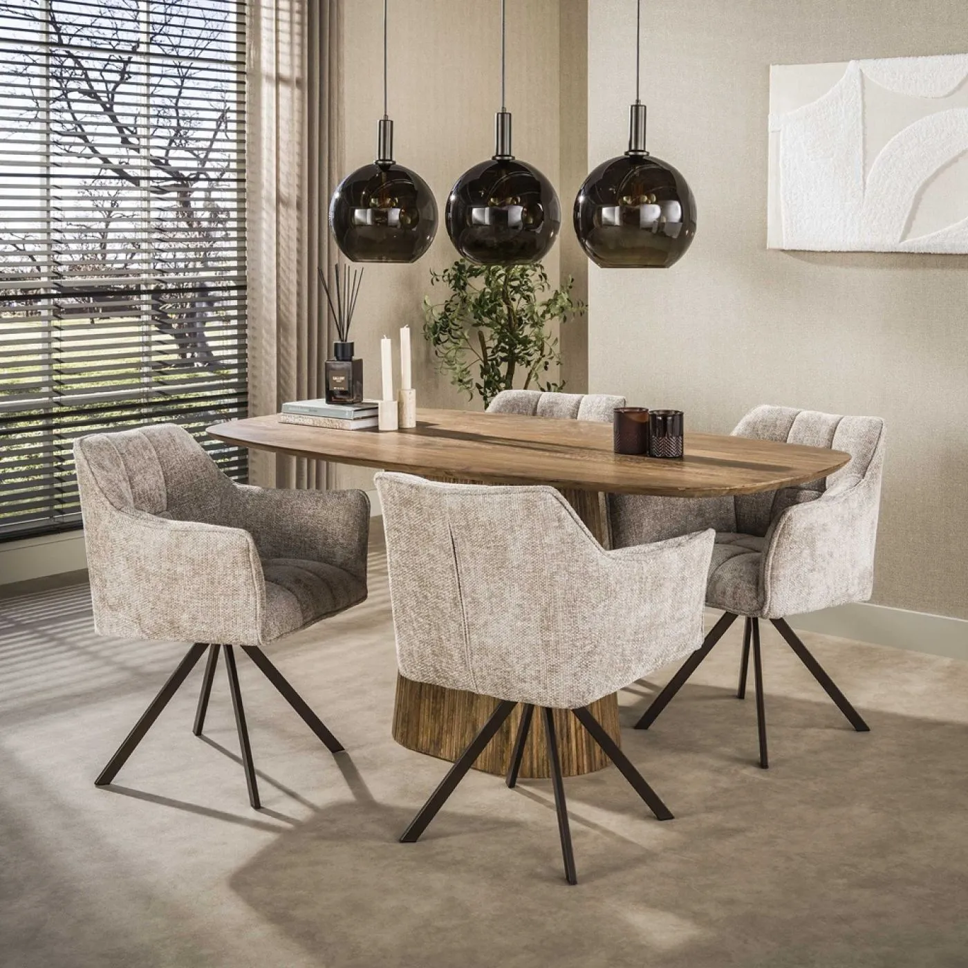 2er Set Stuhl Toik mit Armlehnen | drehbar | Hoven-Stoff / Chenillegewebe | sand-braun