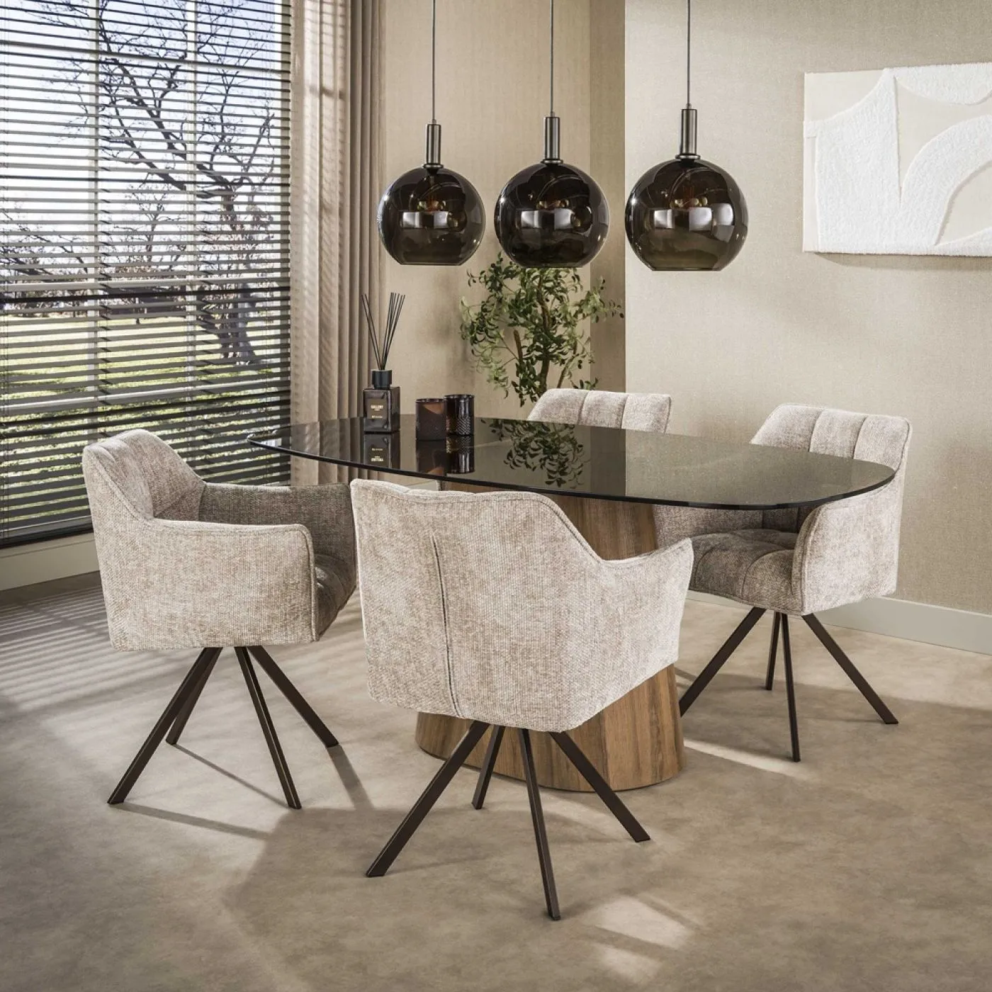 2er Set Stuhl Toik mit Armlehnen | drehbar | Hoven-Stoff / Chenillegewebe | sand-braun
