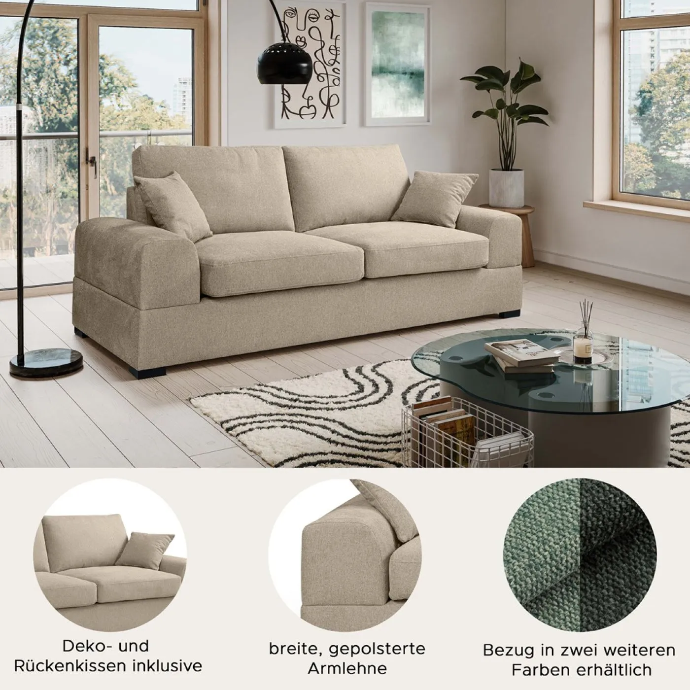 3-Sitzer Polstersofa Veda | 221cm | Strukturstoff | beige