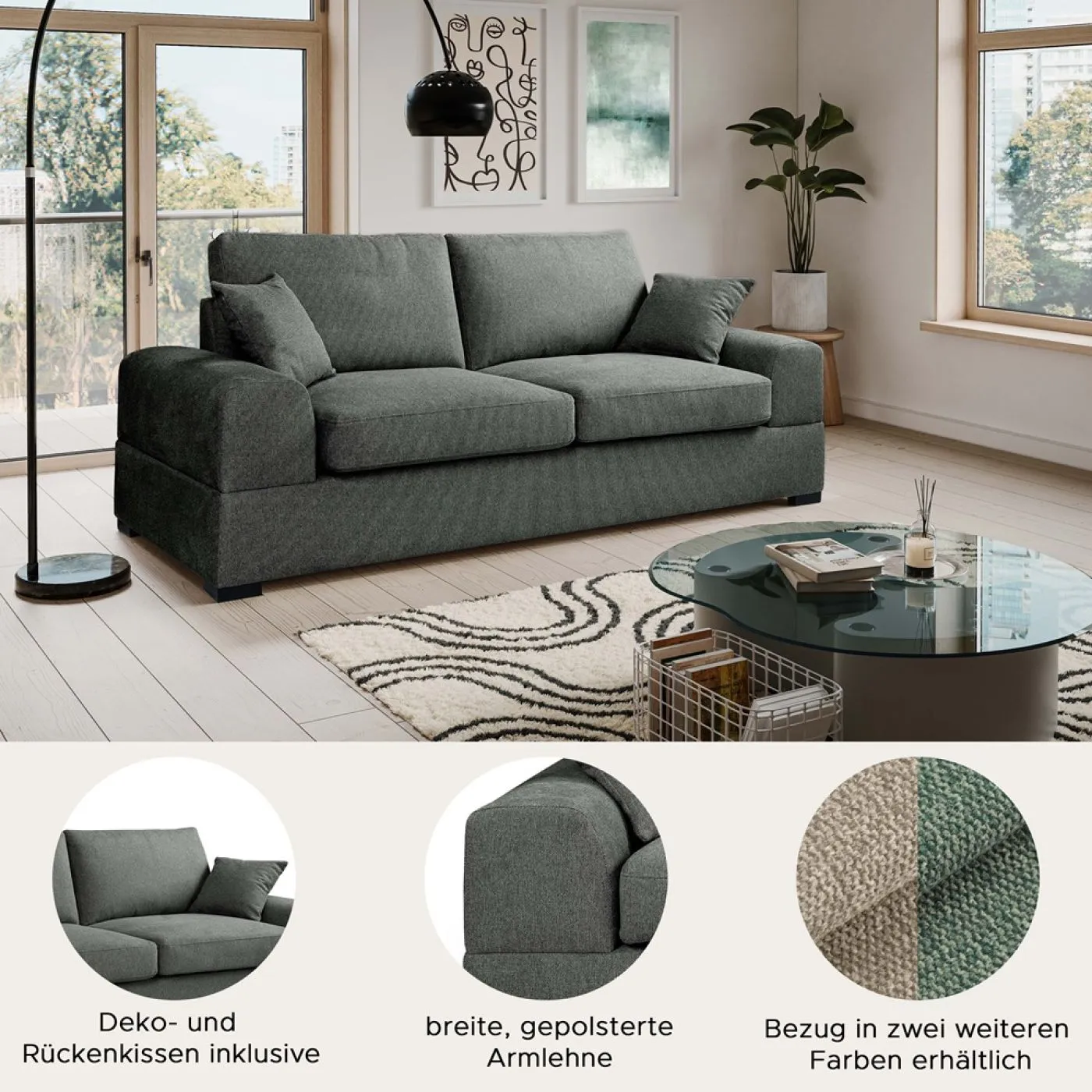 3-Sitzer Polstersofa Veda | 221cm | Strukturstoff | grau