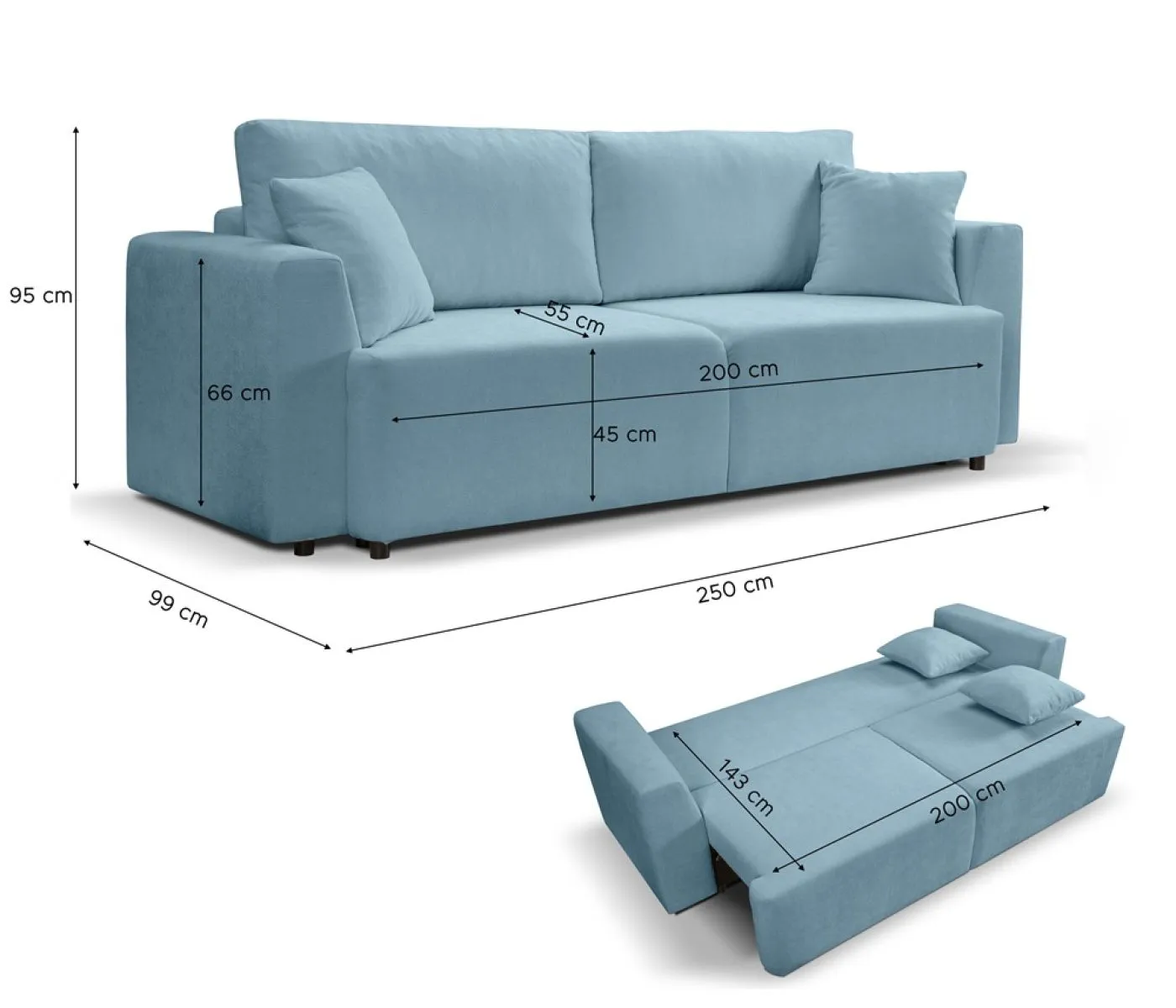 3-Sitzer Schlafsofa Point | 250cm | Webstoff | hellblau
