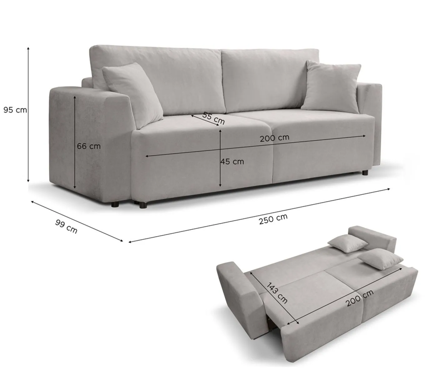 3-Sitzer Schlafsofa Point | 250cm | Webstoff | hellgrau