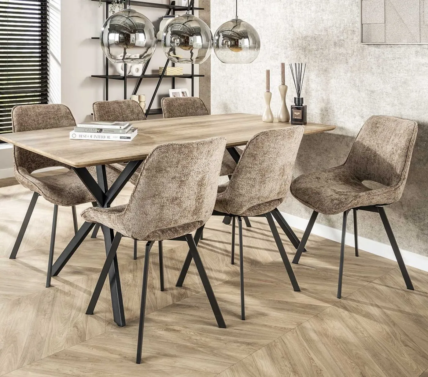 4er Set Stuhl Basi | drehbar | Chenille-Stoff | champagne