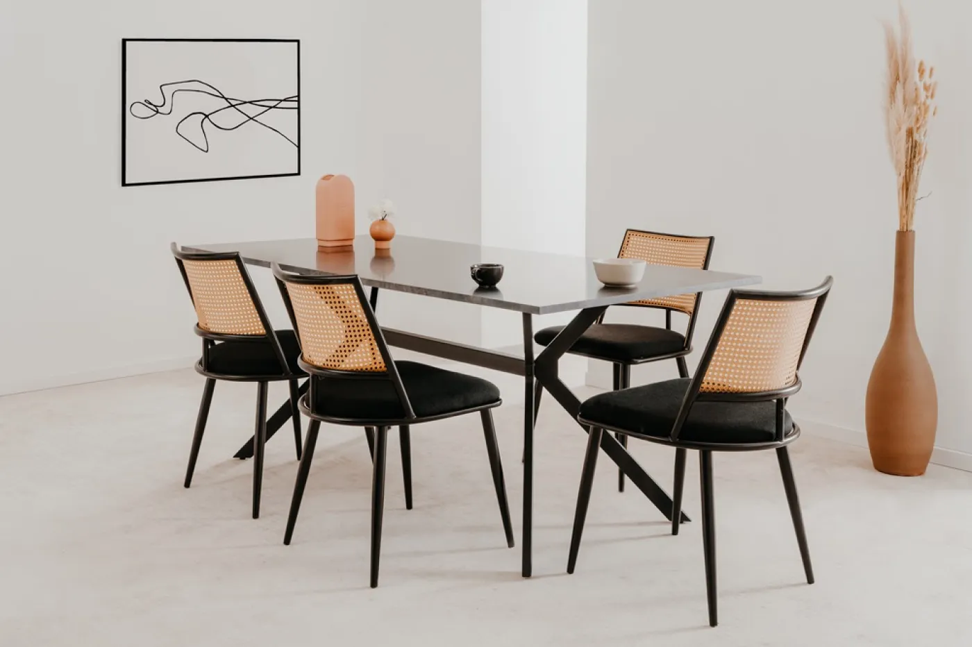 4er Set Stuhl Schiller Schwarz / Rattangeflecht