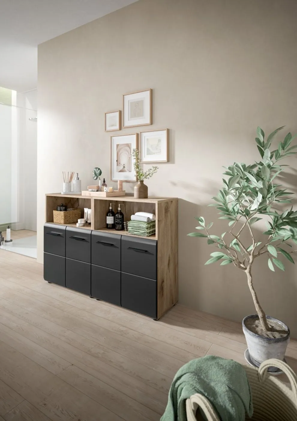 Bad Kommode Ice 3a | 2-teilig | Nox Oak / schwarz matt
