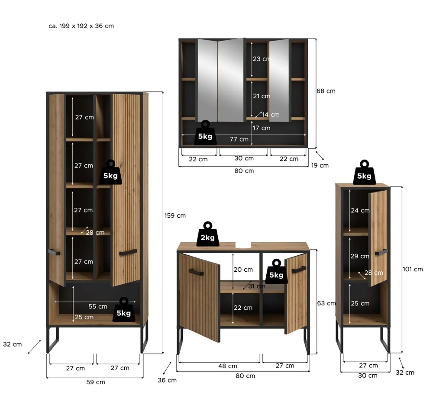 Bad Set Bagno | 4-teilig | Artisan Oak mit Aufsatzleuchte