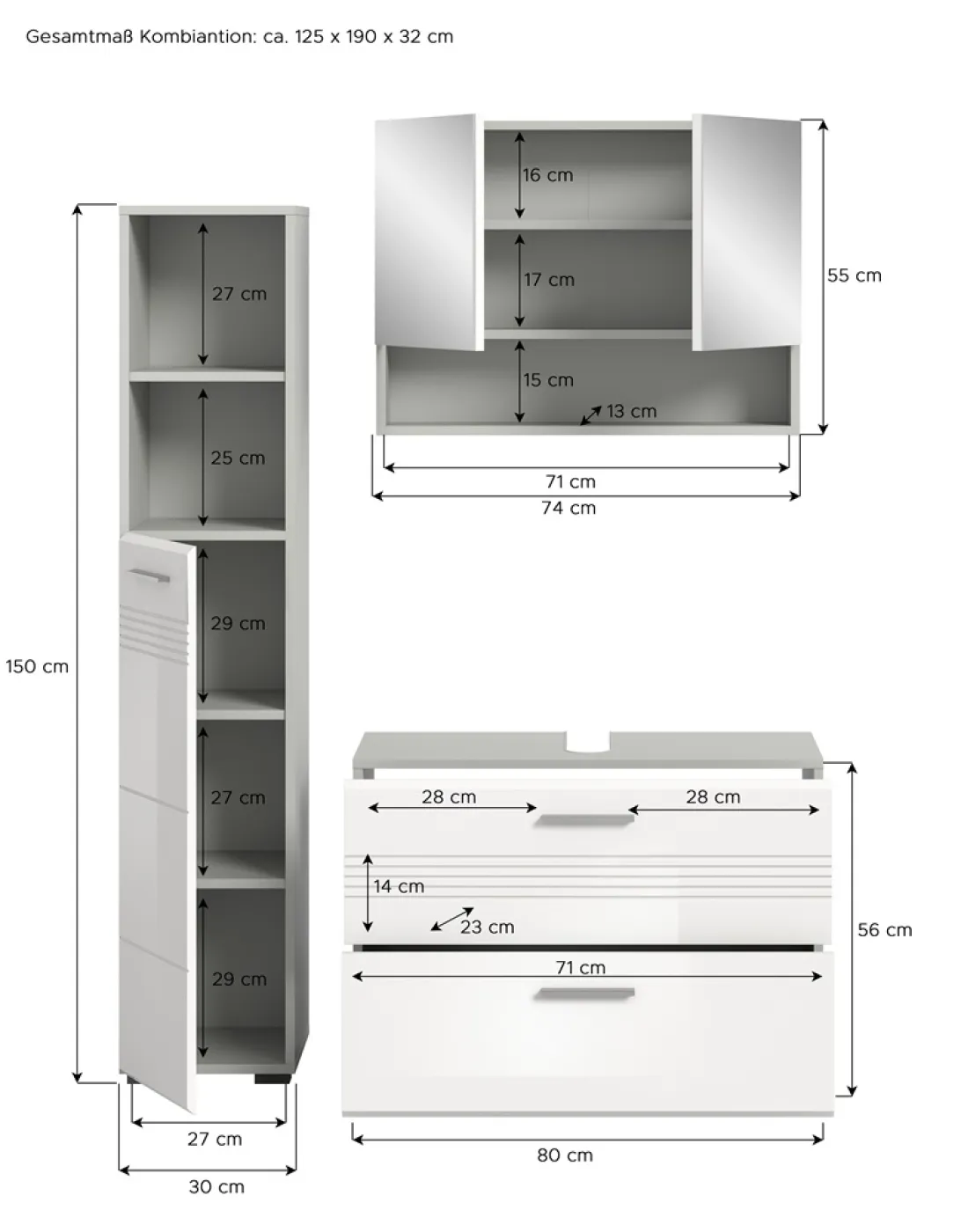 Bad Set Copa 2 | 3-teilig | hellgrau / weiß Hochglanz ohne Aufsatzleuchte