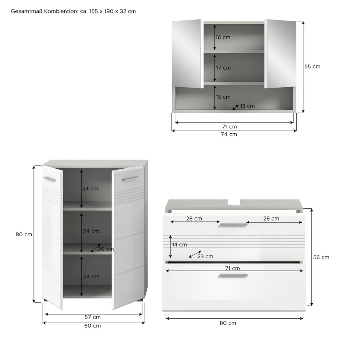 Bad Set Copa 3 | 3-teilig | hellgrau / weiß Hochglanz ohne Aufsatzleuchte